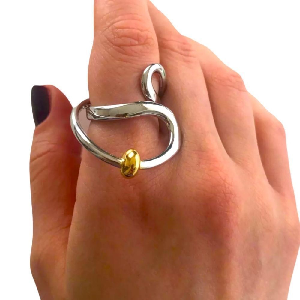 Silver Gold Beaded Wave Abstract Statement Ring NEW